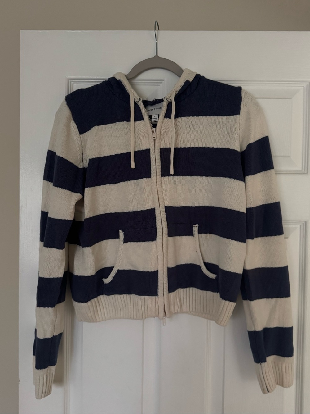 Zip up hoodie- Navy and Cream- large